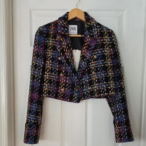 Zara Multicolor Cropped Tweed Blazer